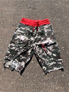 Novocento Novantanove distressed camo layered hybrid shorts